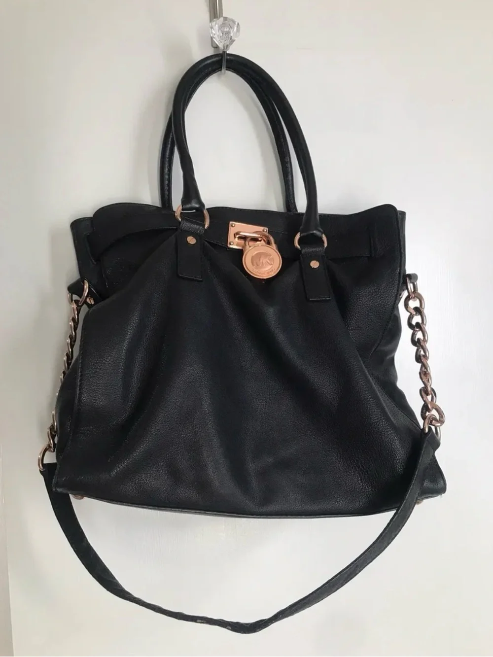 Michael Kors Black Hamilton Leather medium Satchal Tote with Rose Gold hardware